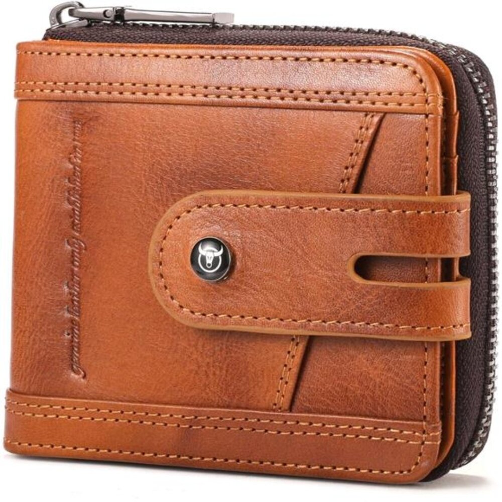 Men's Brown Leather Zip Wallet with Snap Closure